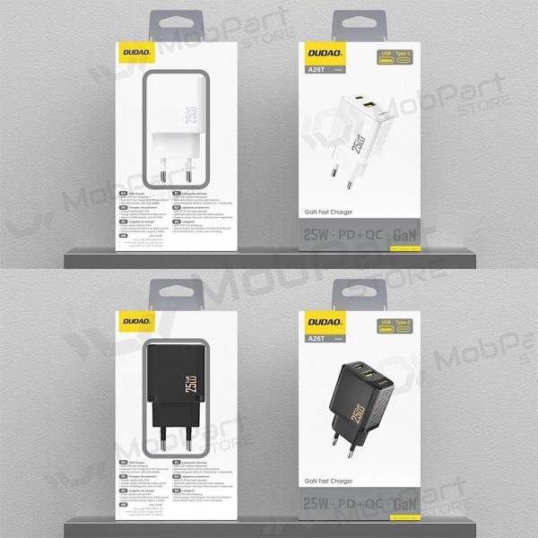 Caricabatterie per telefono Dudao A26T 25 W GaN USB-C + USB-A bianco
