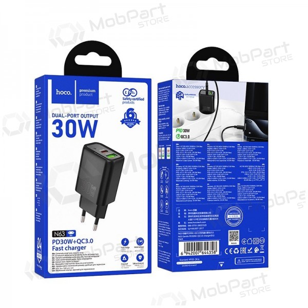 Caricabatterie per telefono Hoco N63 30 W GaN USB-C + USB-A nero