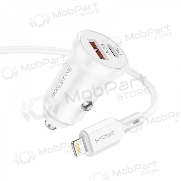 Caricatore automobilinis Borofone BZ18A USB-A/Type-C PD20W+QC3.0 + Lightning (bianca)