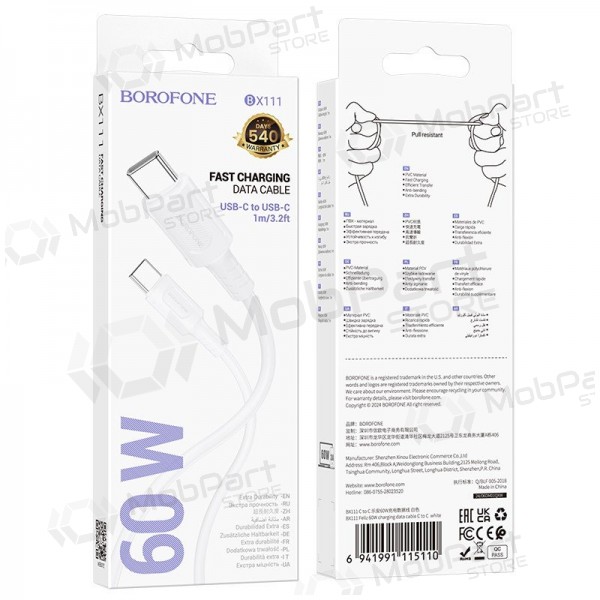 Cavo USB-C Borofone BX111 da USB-C a USB-C 1 metro 60 W bianco