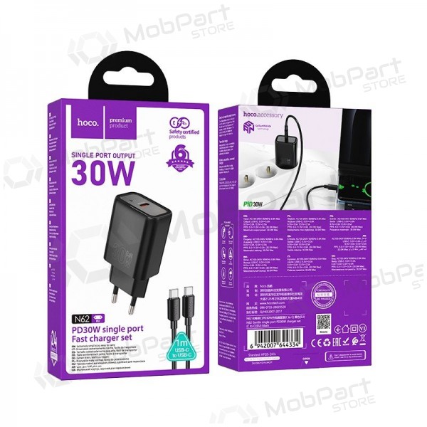 Caricabatterie per telefono Hoco N62 GaN USB-C con cavo USB-C da 1 m nero