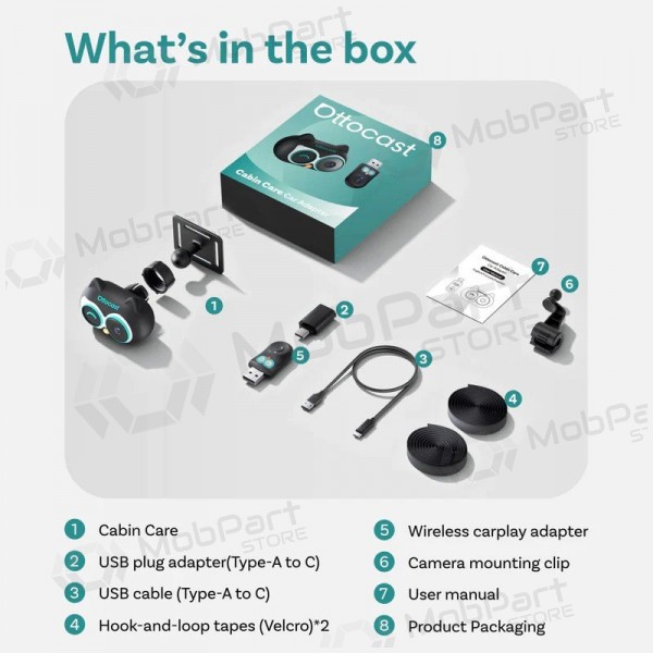 Adattatore CarPlay wireless Ottocast Cabin Care CA520-T con funzione baby monitor nero