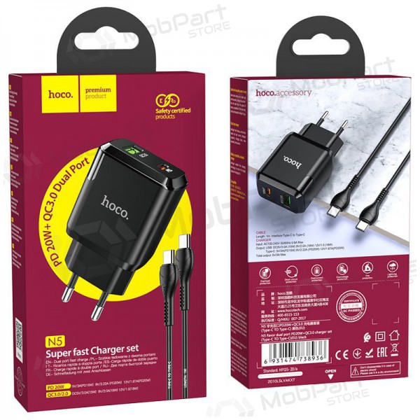 Caricatore Hoco N5 USB Quick Charge 3.0 + PD 20W (3.1A) + Type-C-Type-C (nero)