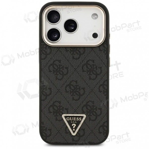Custodia per Apple iPhone 17 Pro Max - Guess PU Leather 4G Strass Triangle Logo Gold Frame MagSafe (nera)