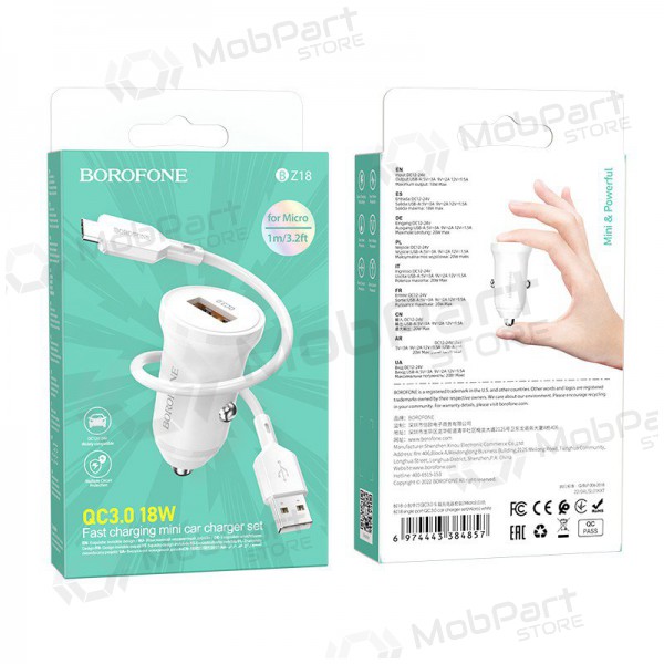 Caricatore automobilinis Borofone BZ18 Quick Charge 3.0 18W + MicroUSB (bianca)