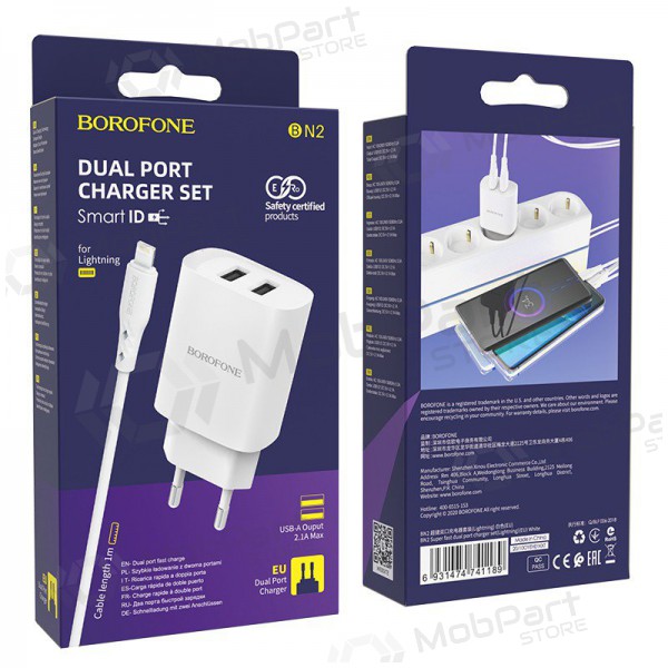 Caricatore Borofone BN2 2xUSB 2.1A + Lightning (bianca)