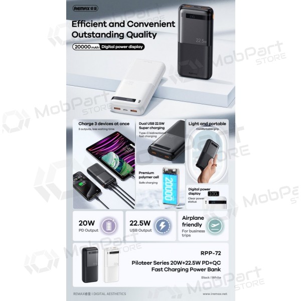 Batteria esterna Power Bank Remax RPP-72 22.5W 20000mAh nero