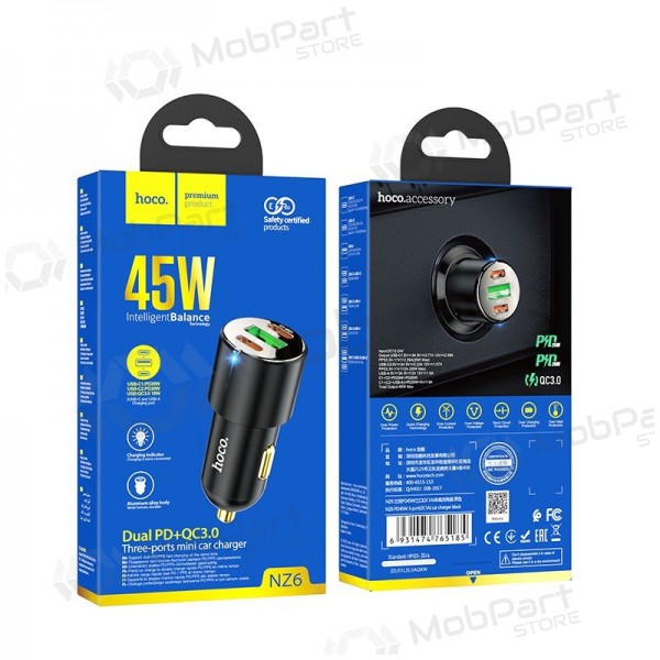 Caricabatterie da auto Hoco NZ6 45 W PD 2x USB-C + USB-A nero