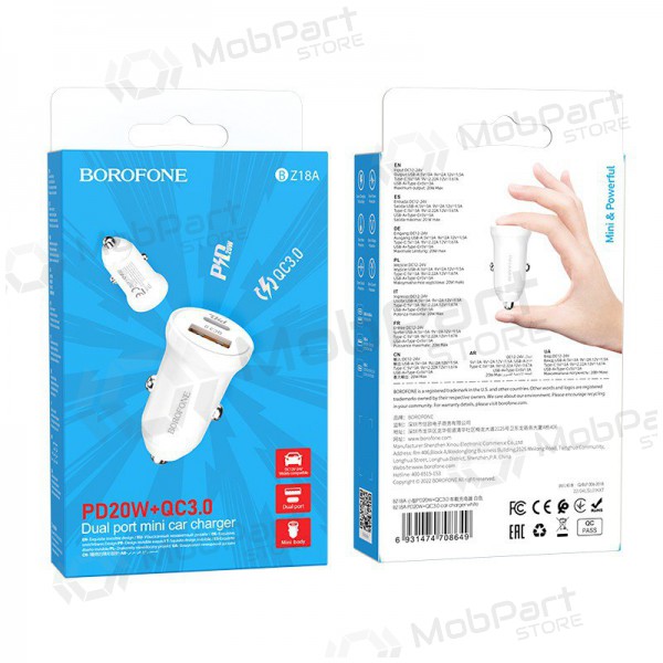 Caricatore automobilinis Borofone BZ18A USB-A/Type-C PD20W+QC3.0 (bianca)