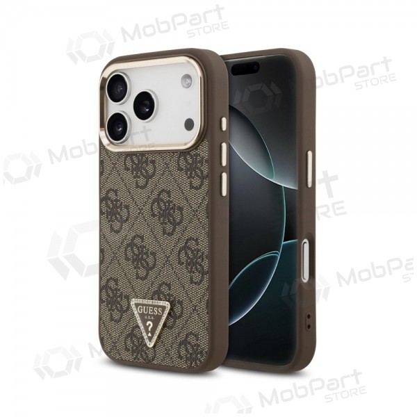 Custodia per Apple iPhone 18 Pro Max - Guess PU Leather 4G Strass Triangle Logo Gold Frame MagSafe (marrone)