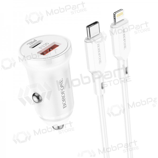 Caricatore automobilinis Borofone BZ18A USB-A/Type-C PD20W+QC3.0 + Lightning (bianca)