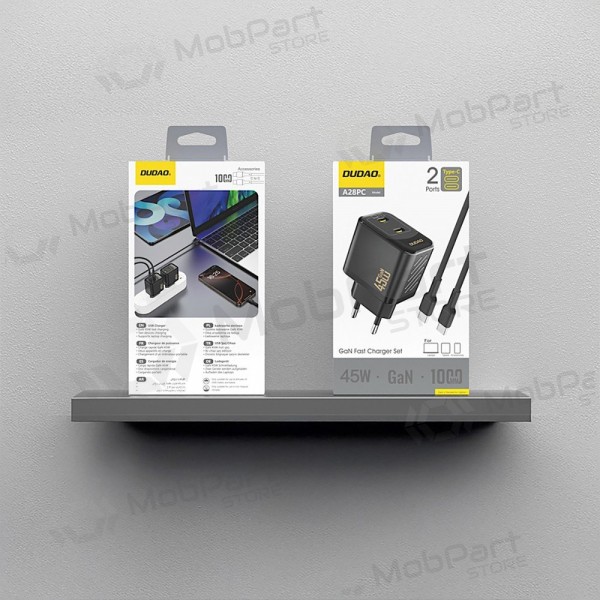 Caricabatterie per telefono Dudao A28PC 45 W GaN 2x USB-C con cavo USB-C 1 m nero