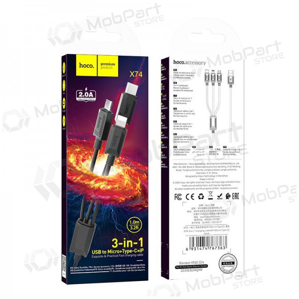 USB cavo Hoco X74 3in1 microUSB-Lightning-Type-C 1.0m (nero)