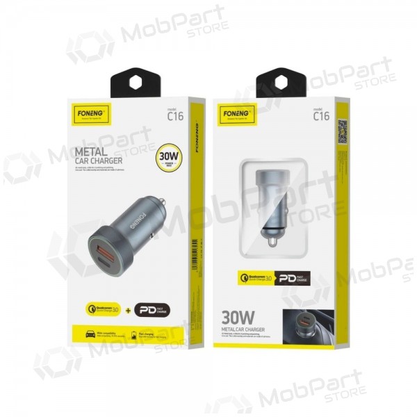 Caricabatterie da auto Foneng C16 30 W USB-C + USB-A grigio.