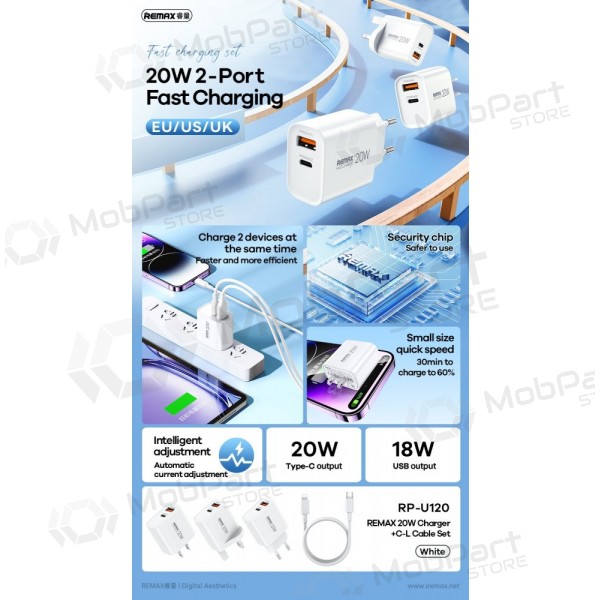 Caricabatterie per telefono Remax RP-U120 20 W USB-C + USB-A con cavo Lightning 1 m bianco