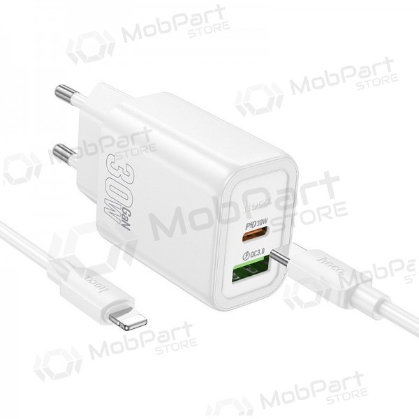 Caricabatterie per telefono Hoco N63 30 W GaN USB-C + USB-A con cavo Lightning da 1 m bianco