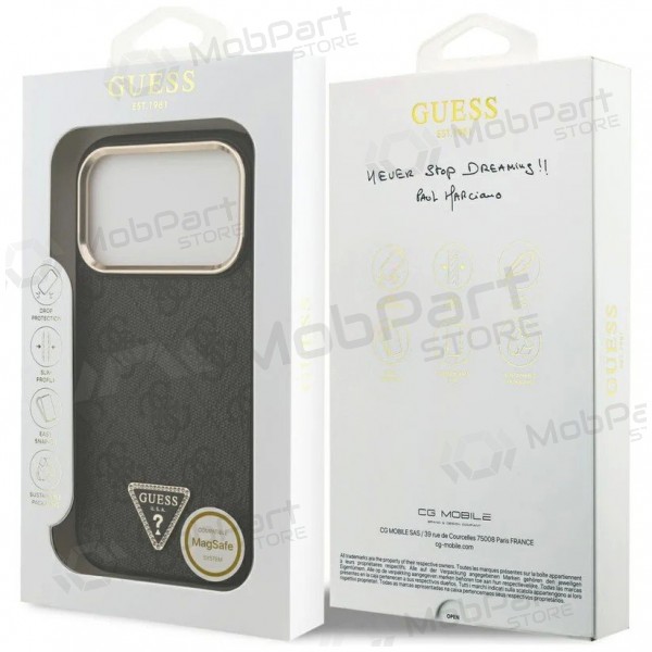 Custodia per Apple iPhone 17 Pro Max - Guess PU Leather 4G Strass Triangle Logo Gold Frame MagSafe (nera)