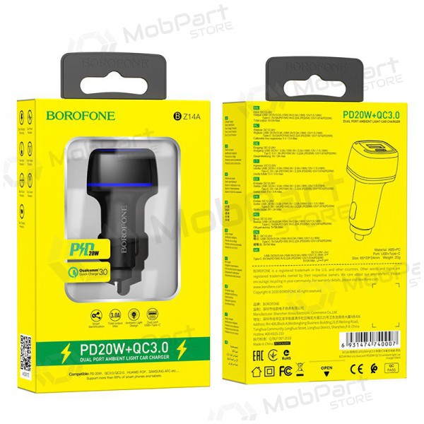 Caricatore automobilinis Borofone BZ14A PD20W+QC3.0 x 2 USB (Type-C to Lightning) (nero)