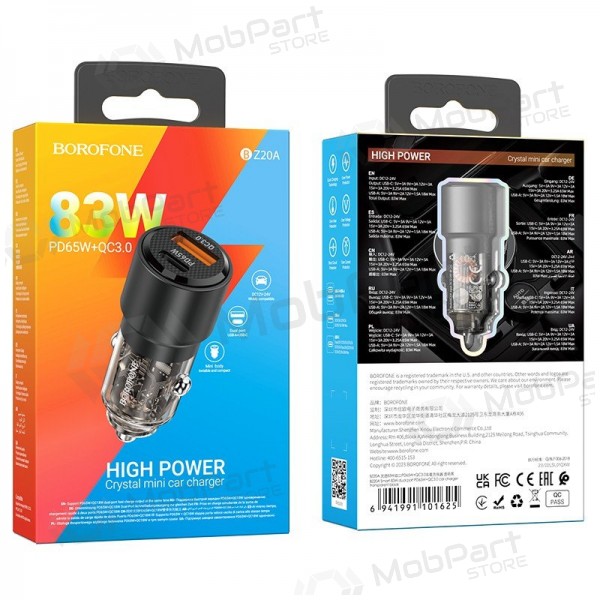 Caricabatterie per telefono da auto Borofone BZ20A 83 W PD QC 3.0 USB-C + USB-A nero