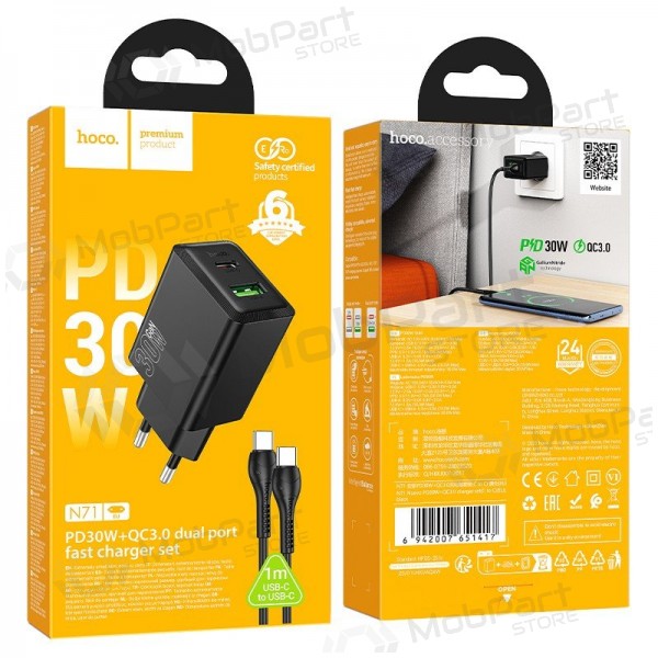 Caricabatterie per telefono Hoco N71 30 W GaN USB-C + USB-A con cavo USB-C da 1 m nero