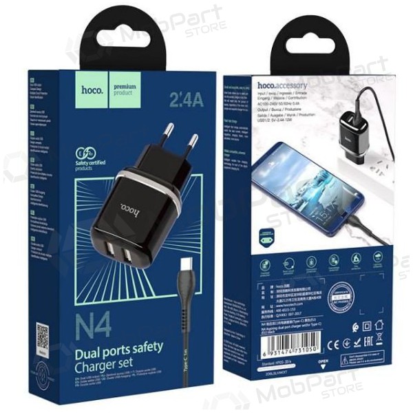 Caricatore HOCO N4 Aspiring Dual USB + type-C cavo (5V 2.4A) (nero)