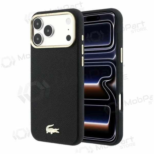 Custodia per Apple iPhone 18 Pro - Lacoste PU Leather Champs Elysees Gold Logo MagSafe (nera)