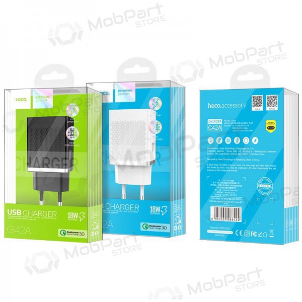 Caricatore HOCO C42A Vast power QC3.0 USB 18W (3.6V-6.5V/3A, 6.6V-9V/2A, 9.1V-12V/1.5A) (nero)