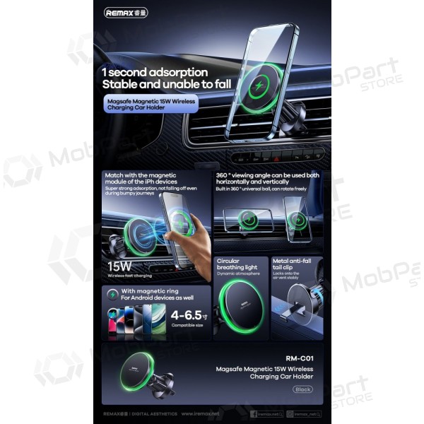 Automobilinis laikiklis-caricatore Remax RM-C01 MagSafe 15W nero