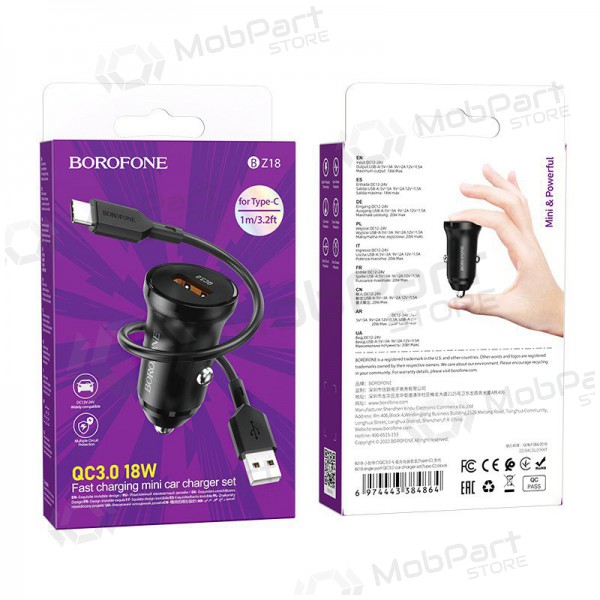 Caricatore automobilinis Borofone BZ18 Quick Charge 3.0 18W + Type-C (nero)