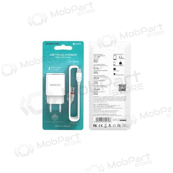 Caricatore BOROFONE BA20A Sharp USB + Type-C cavo (5V 2.1A) (bianca)