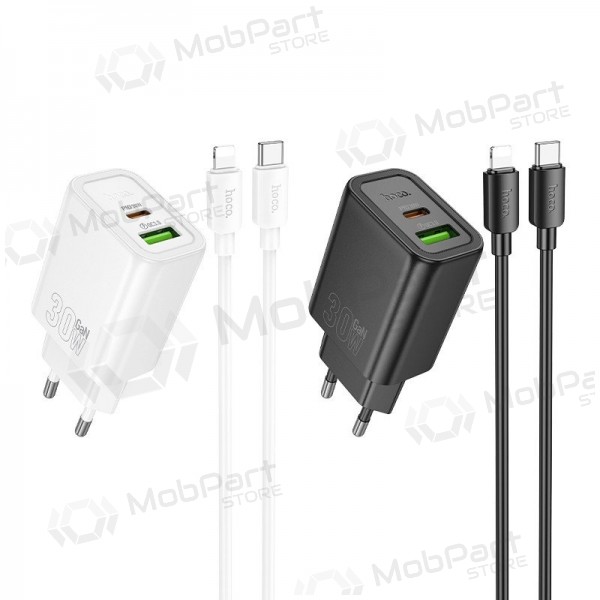 Caricabatterie per telefono Hoco N63 30 W GaN USB-C + USB-A con cavo Lightning da 1 m bianco