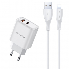 Caricabatterie per telefono Awei PD81L-EU 22.5 W USB-C + USB-A con cavo Lightning 1 m bianco
