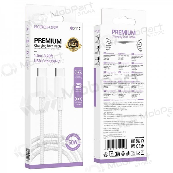 Cavo USB-C Borofone BX117 da USB-C a USB-C 1 m 60 W bianco.
