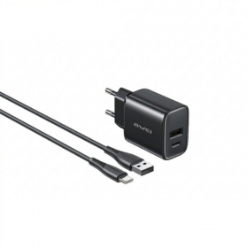 Caricabatterie per telefono Awei PD85T-EU 22.5 W USB-C + USB-A con cavo USB-C 1 m nero