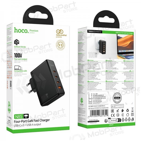 Caricabatterie per telefono Hoco N85 100 W 3x USB-C + USB-A nero