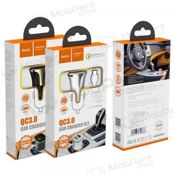 Caricatore automobilinis Hoco Z31 Quick Charge 3.0 (3.4A) x 2 USB + Type-C (bianca)