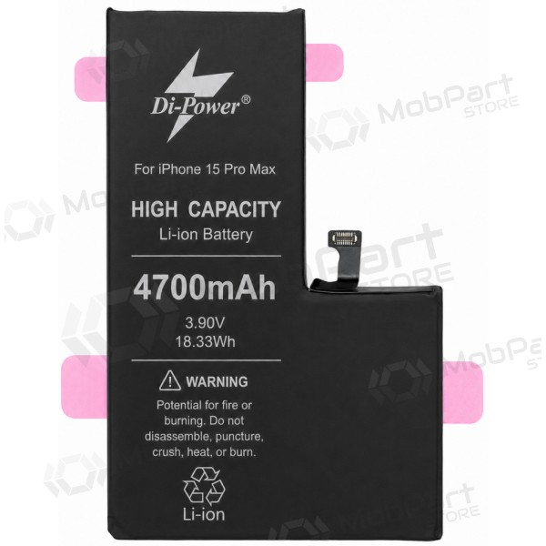 Batteria per Apple iPhone 15 Pro Max, Di-Power 4700 mAh (capacità aumentata)