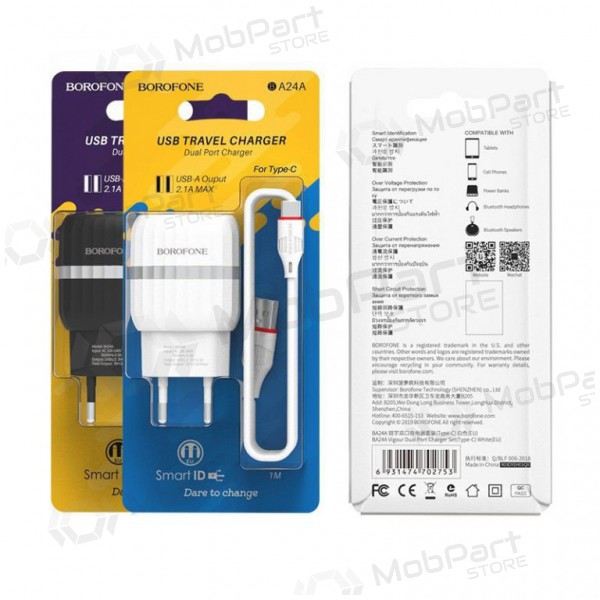 Caricatore BOROFONE BA24A Vigour Dual USB + Type-C cavo (5V 2.4A) (nero)