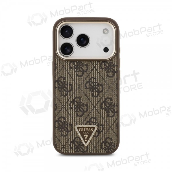 Custodia per Apple iPhone 18 Pro Max - Guess PU Leather 4G Strass Triangle Logo Gold Frame MagSafe (marrone)