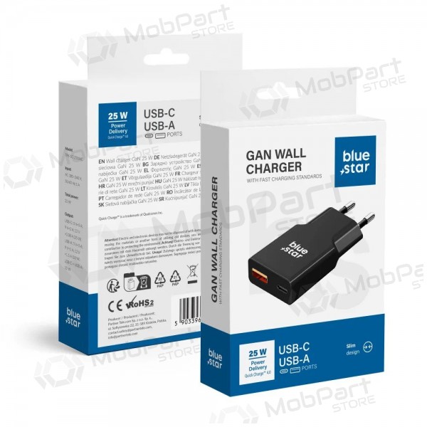 Caricabatterie per telefono Blue Star Slim 25 W GaN USB-C + USB-A nero