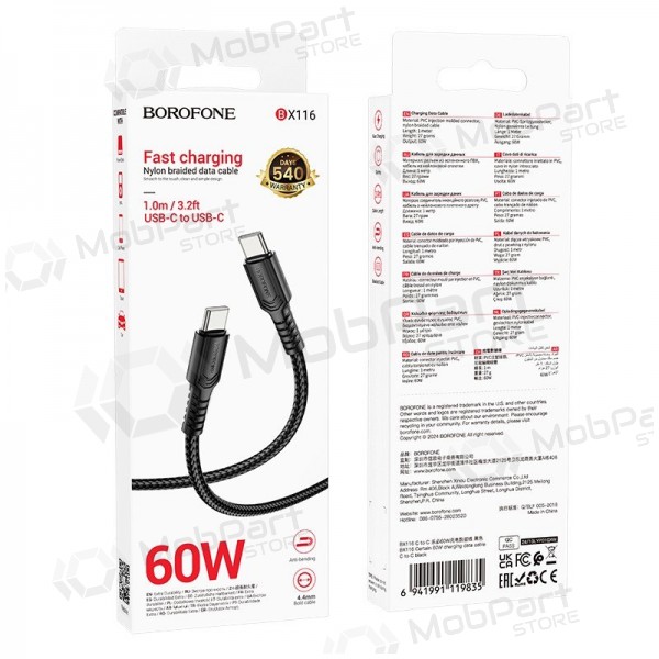 Cavo USB-C Borofone BX116 da USB-C a USB-C 1 m 60 W nero