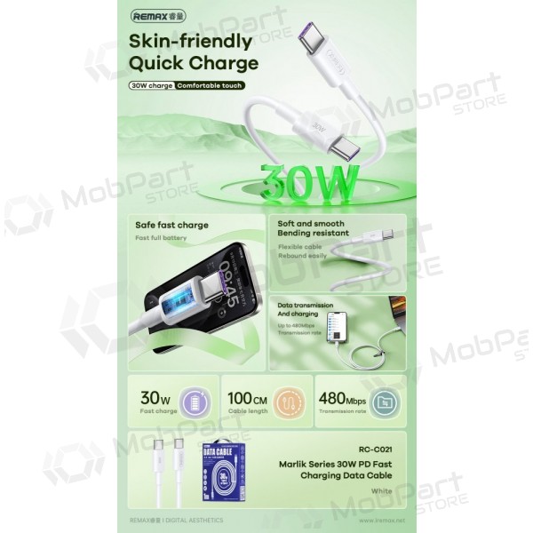 USB cavo Remax RC-C021 USB-C to USB-C 30W 1.0m bianca