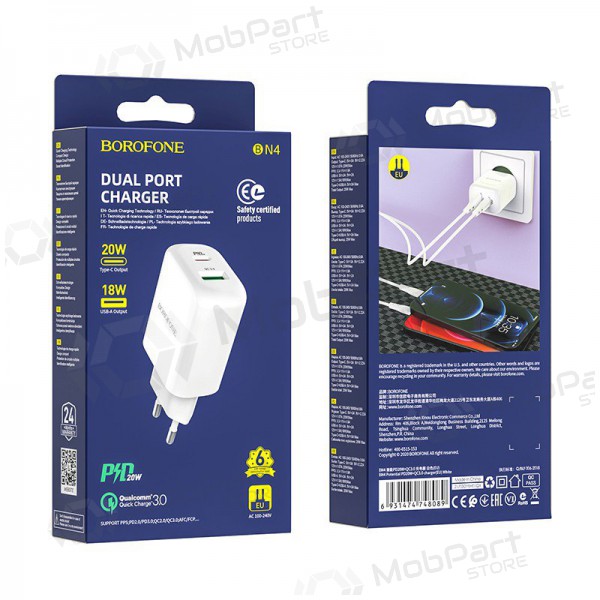 Caricatore Borofone BN4 1xUSB, 1xType-C QC 3.0, PD 2.0 20W (bianca)