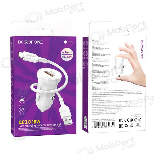 Caricatore automobilinis Borofone BZ18 Quick Charge 3.0 18W + Type-C (bianca)