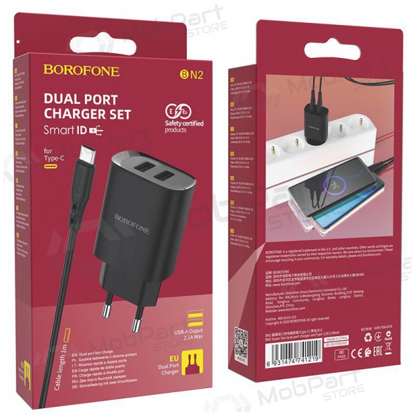 Caricatore Borofone BN2 2xUSB 2.1A + USB Type-C (nero)