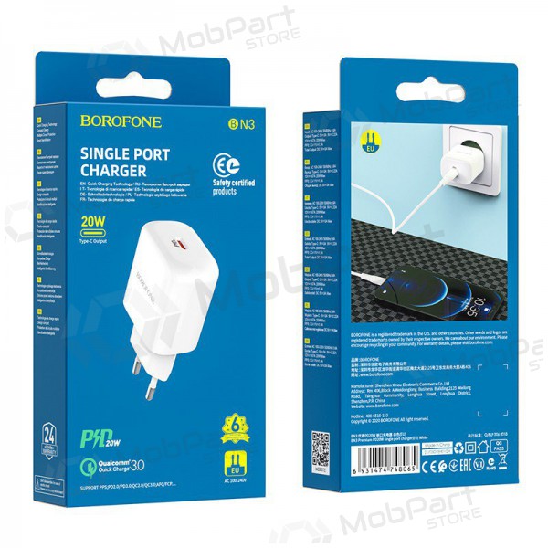 Caricatore Borofone BN3 Type-C QC 3.0, PD 2.0 20W (bianca)