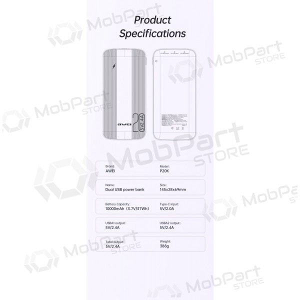 Batteria esterna Power Bank Awei P19K 5V/2.4A 20000mAh nero