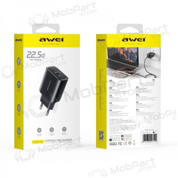 Caricabatterie per telefono Awei PD85-EU 22.5 W USB-C + USB-A nero