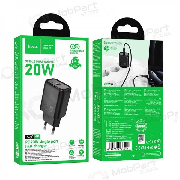 Caricabatterie per telefono Hoco N60 20 W GaN USB-C nero