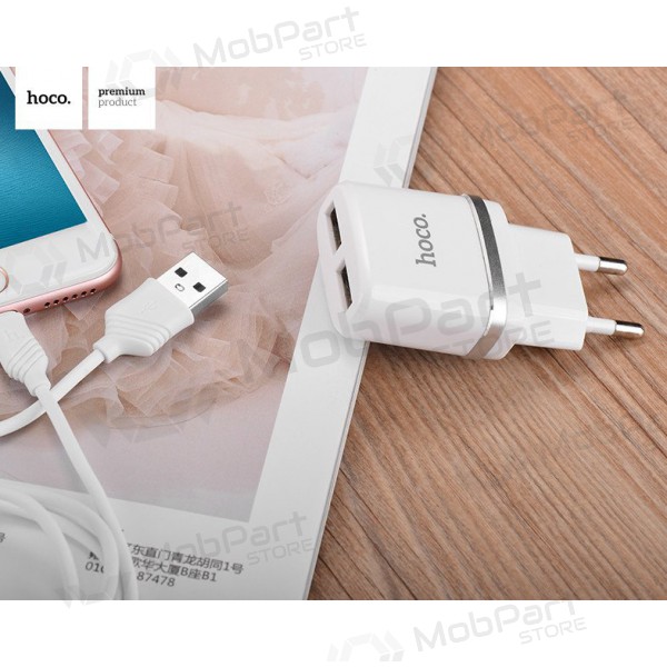 Caricatore HOCO C12 Smart Dual USB + Lightning cavo (5V 2.4A) (bianca)